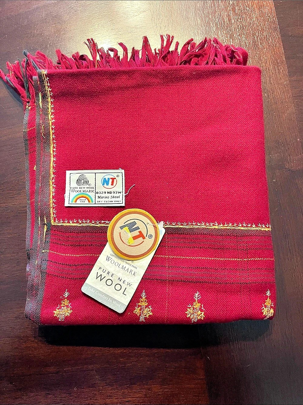 Kashmiri Pure Woolmark Merino Wool Shawl Red Gold Embroidered Fringed NWT